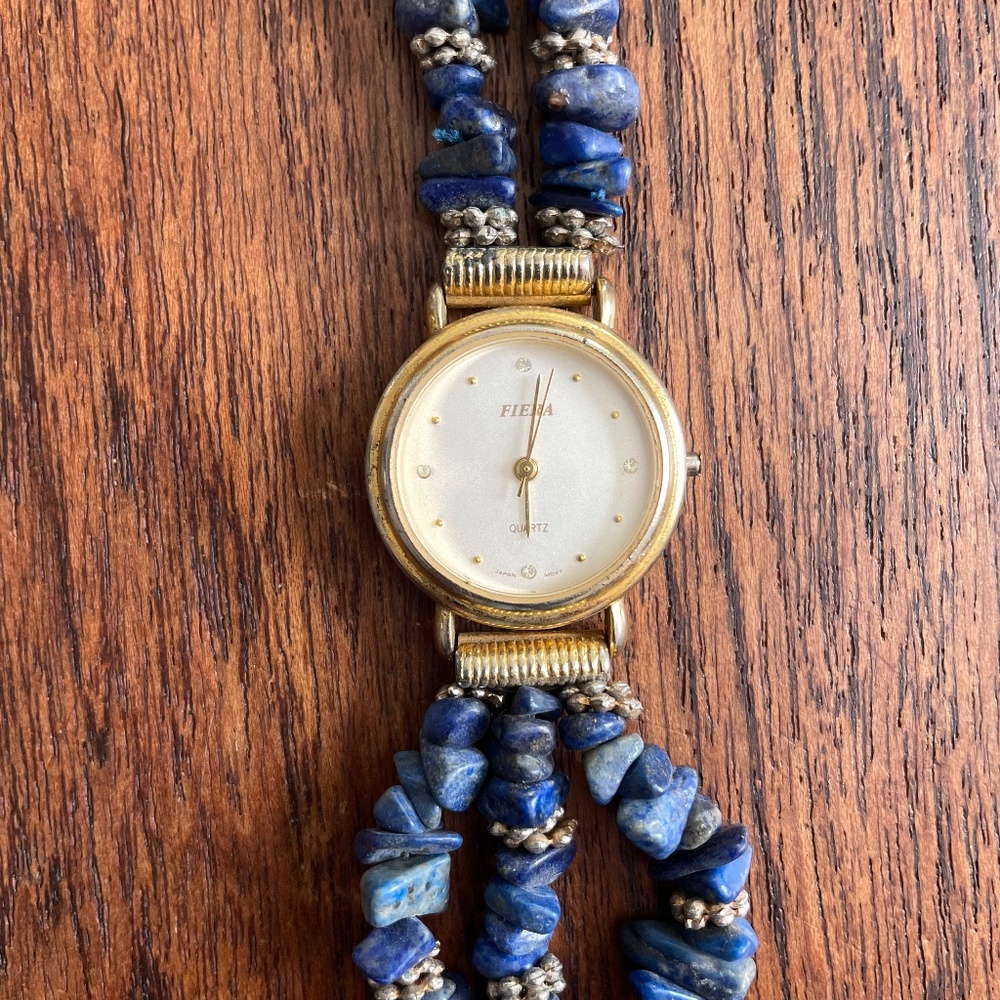 Vintage FIERA Women's 28mm Gold Plated Quartz Watch Blue Pebble Stone Bracelet